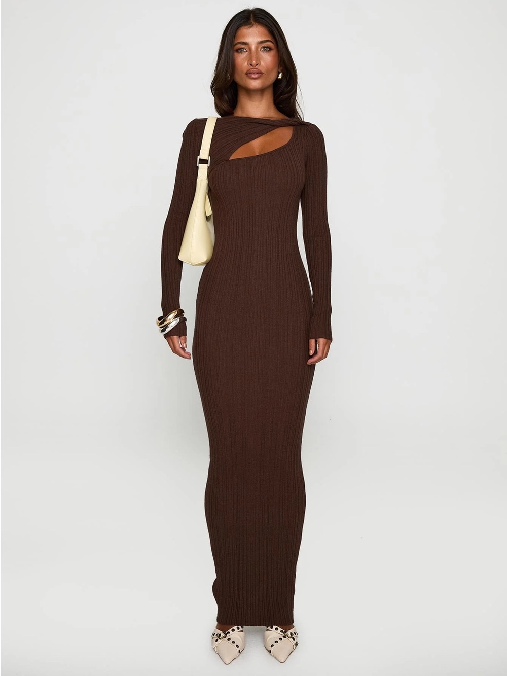 Princess Polly Women’s Gyselle Long Sleeve Maxi Dress Brown Size S Ribbed